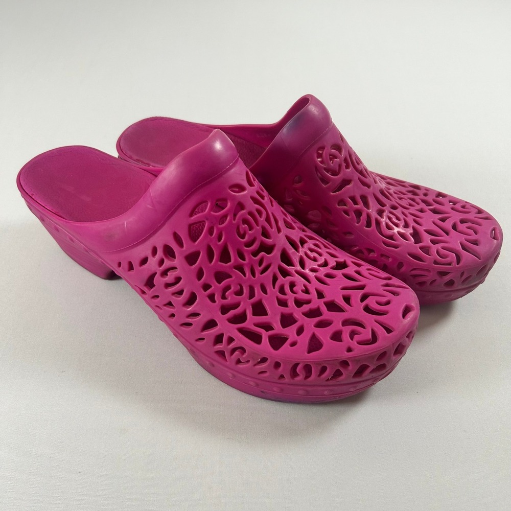 Dansko Clogs Women 41 Pink Laser Cut Floral Rubber Wedge Slip On Mules Shoes
